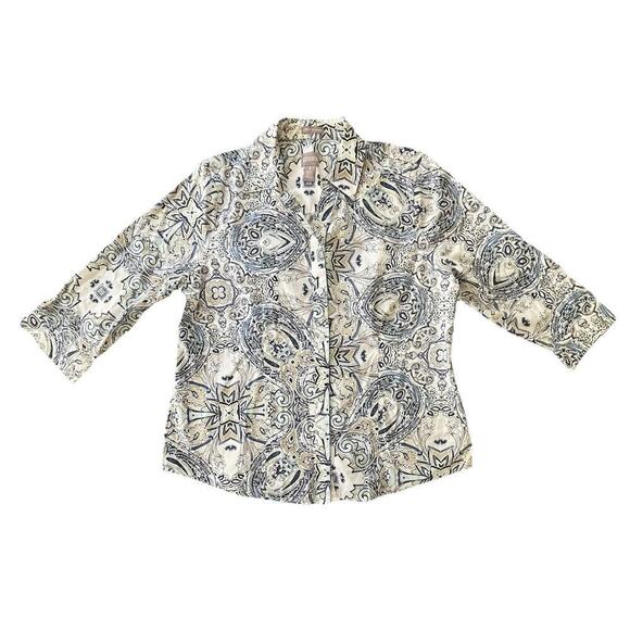 Chico's Tops - Chicos Dress Shirt Womens Button Down Paisley 3/4 Sleeve Cotton Chicos Sz 1 (M)